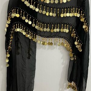 Black and Gold Coin Fringe Scarf/hip scarf